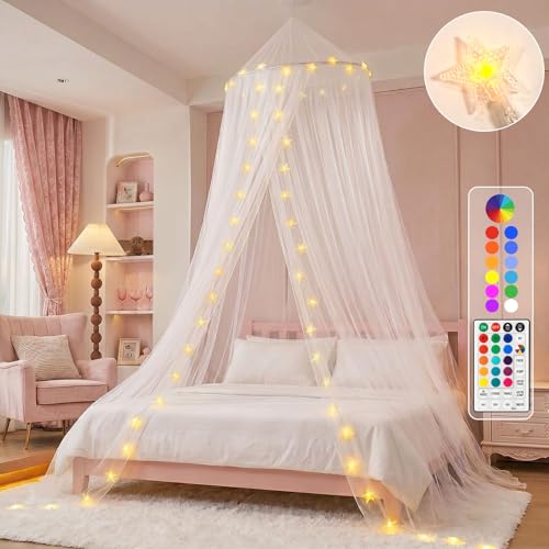 Obrecis Bed Canopy with LED Star Lights, Princess Canopy Bed