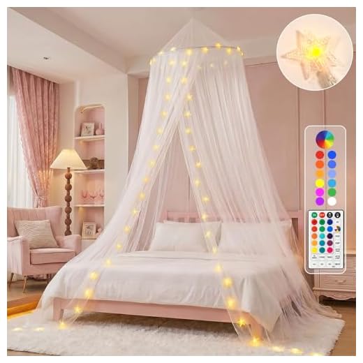 Obrecis Bed Canopy with LED Star Lights, Princess Canopy Bed Curtain with 18 Colors Changing String Lights Remote Timer for Girls Bedroom, Pink Red Blue White Dome Canopy for Twin to King Size Bed