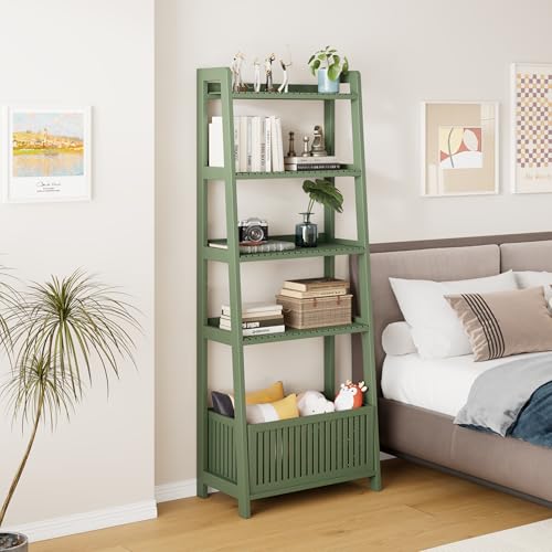Bamjoy Bamboo Ladder Bookcase, Bookshelf with 4 Display Shelves and 1 Open Storage Basket, Storage Rack Organizer for Home Office, 66โ H Forest Green Bamjoy Bamboo Ladder Bookcase, Bookshelf with 4 Display Shelves and 1 Open Storage Basket, Storage Rack Organizer for Home Office, 66โ H Forest Green