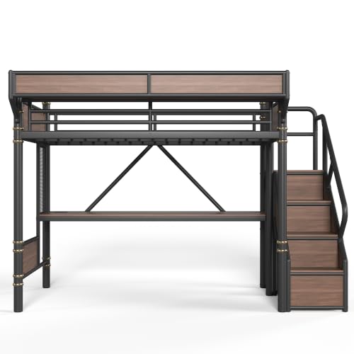 Image of Bellemave Twin loft Bed with Storage Stairs, Wardrobe, Shelves, Metal Twin Loft Bed Frame for Adults, Kids, Teens, Black+Natural Wood with Black Stairs