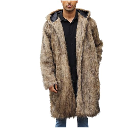 Men's Faux Fur Coat Hooded Cardigan Jacket Winter Warm Long Coats Fuzzy Open Front Overcoat Outwear with Pockets