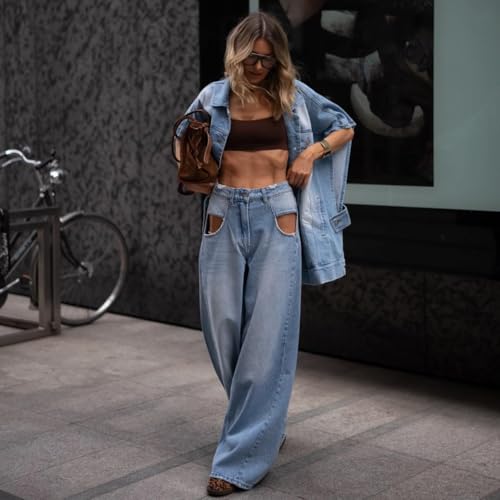 NIFTRIRY Denim Set for Women 2 Piece Short Sleeve Collar Denim Jacket with Pockets and Wide Leg Jean Pants Summer Sets2