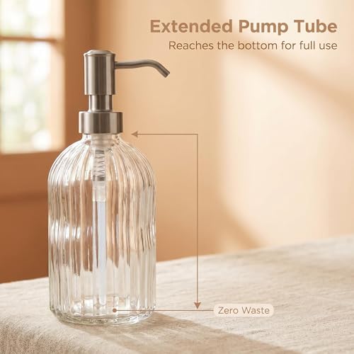 Image of 16 OZ Stripe Design Soap Dispense with 304 Rust Proof Stainless Steel Pump Glass Soap Dispenser Kitchen Soap Dispenser Bathroom