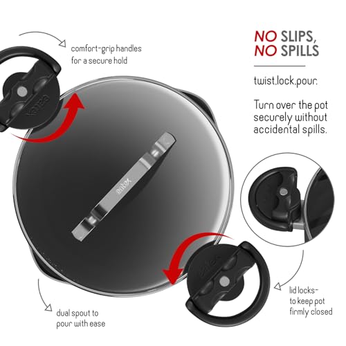 EATEX Pasta Pot with Strainer Lid - 5 Quart Multipurpose Stock Pot, Simmer Spaghetti Pot with Pasta Strainer Lid - Twist & Lock Handles, Nonstick Ceramic Stainless Steel Pot, Tempered Glass Lid Black