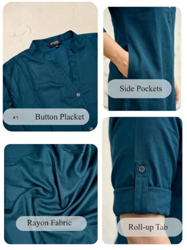 Image of Women's Roll-Up Sleeve Tunic Top, V-Neck with Button Front, Side Pockets, Rayon Short Kurti