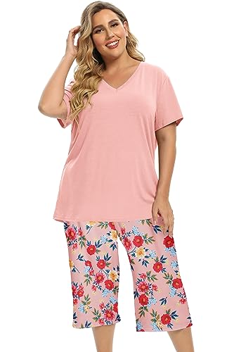 Image of Vozanet Women's V Neck Sexy Pajamas Capri Sets Mexican Style Floral Sleepwear 2PCS Totem Casual Nighty Plus Size M to 5XL