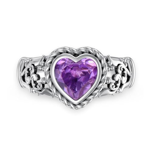 Natural Amethyst Ring for Women 7mm Heart Shaped Healing Amethyst Rings 925 Sterling Silver