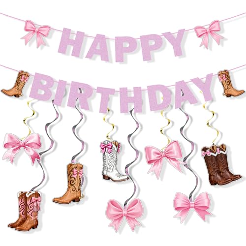 Kit de décoration pour anniversaire sur le thème de la cowgirl rose : bannière, bottes et nœuds découpés, spirales à suspendre. Décoration murale et de plafond intérieure et extérieure pour enterreme
