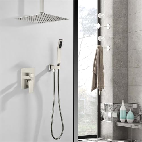 WELLFOR Sistema de ducha de montaje en techo de 12 pulgadas color Níquel cepillado, combinación de ducha de lujo, sistema de lluvia, incluye válvula y grifería miniatura 3