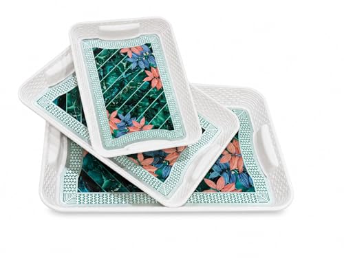 Image of 3 Pcs Plastic Serving Tray Set with Handle | Multipurpose Tea Snacks Breakfast Tray | Floral Printed Rectangular Serving Trays for Kitchen & Home (Green Leaf)