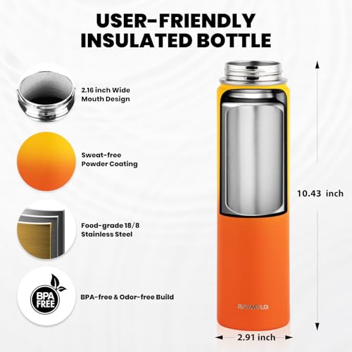 Image of RAYMYLO Insulated Water Bottle 24 oz, Triple Wall Vacuum Stainless Steel (Cold for 24Hrs, Hot for 12Hrs), Leak Proof & Non-BPA, Modern Water Flask Jug with Paracord Handle & Straw Spout Lids
