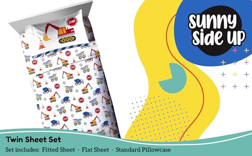 Image of Sunny Side Up Construction Zone Twin Sheet Set - 3 Piece Kids Bedding Set Includes Pillow Cover - Super Soft Trucks Microfiber Sheets