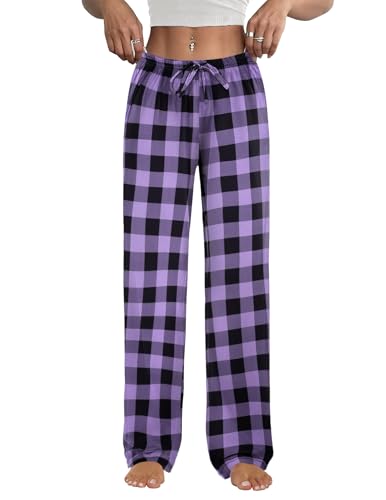 Ekouaer Womens Pajama Pants Plaid Lounge Pants Soft Drawstring Pj Bottoms with Pockets Black and Purple Plaid Medium
