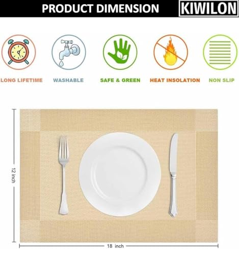 Image of PVC Dining Table Placemats Set of 6 | Washable Heat Resistant Non-Slip Table Mats for Dining Table | Woven Vinyl Place Mats for Home, Kitchen & Restaurant | 45 x 30 CM (Golden, Classic)