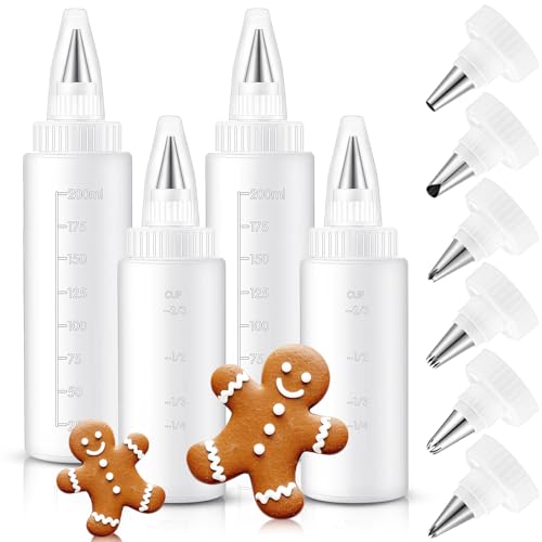 LemonRoad 4 Pcs Piping Bottles for Icing Cookie Decorating Supplies Plastic Squeeze Bottles with 6 Different Piping Tips for Cookie Icing Kit Pancake Squeezing Applicator Writer(8 Oz4 oz)