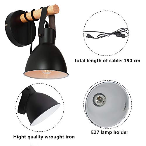 Wandlamp hout industrie retro vintage zwarte lamp met EU stekker en schakelaar, inclusief 5W E27 LED lamp - Afbeelding 3