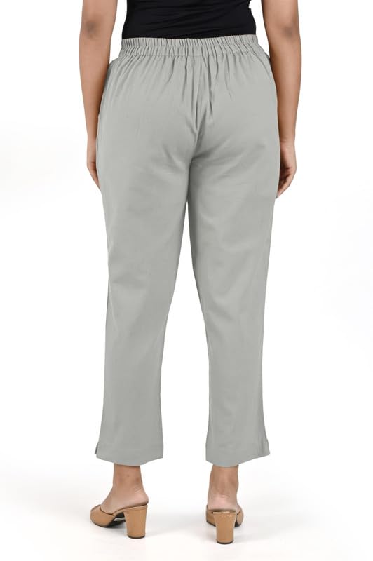 Image of Women's Solid Straight Fit 100% Cotton Trousers | High Waist, Side Pockets, Ankle Length Pants for Office, Casual