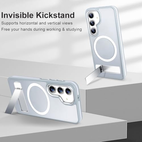 Image of MALEWOLF for Samsung Galaxy S24 Case, [Built-in Stand] Anti-Skid TPU Edge & Matte Translucent S24 Cover, Compatible with Magsafe, Slim Shockproof Magnetic Phone Case for S24 5G (Grey /White)