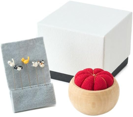 Cat Pincushion Set, Handmade Japanese Sewing Kit with 5 Decorative Pins, Traditional Chirimen Fabric in Wooden Bowl, Sewing Tools