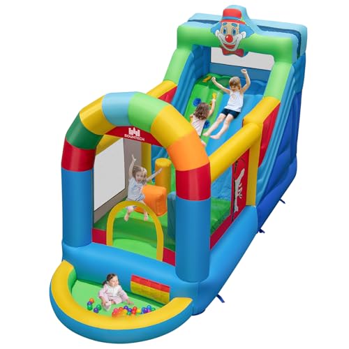 COSTWAY Château Gonflable sur Thème Clown avec Toboggan et Maison de Saut, Aire de Jeux Gonflable avec Mur d’Escalade et Piscine à Balles, 50 Balles,...