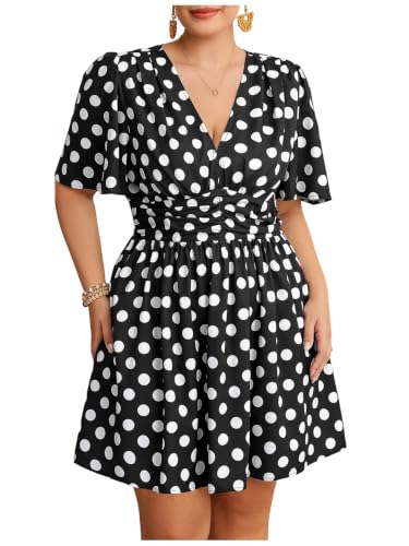 Image of Floerns Women's Plus Size Printed V Neck Short Sleeve Ruffle Hem Summer Short Dresses