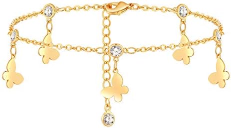 Dremmy Studios Dainty Butterfly Tassel Anklet Bracelet 14k Gold Filled Cute Butterfly Anklet Minimalist Cubic Zirconia Anklet Foot Chain Boho Beach Ankle Jewelry Gifts Anklet for Women Girls