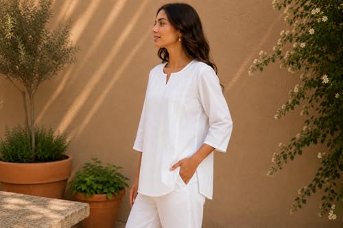 Image of Women's 3 /4 Sleeve White Cotton Embroidered Work Casual Short Kurti