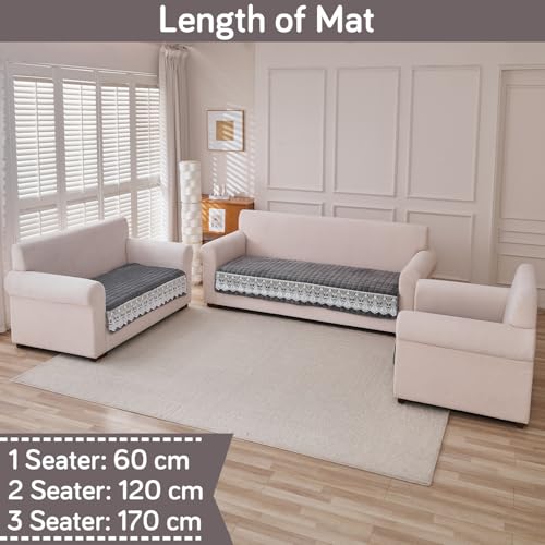 Image of HOKIPO 'BelleLace Series' 6 Seater Sofa Cover Mat in 3+2+1 Configuration | Imperial Milk Velvet with Lace Design | Porpoise Grey (AR-5966+5964+5962-DGRY)