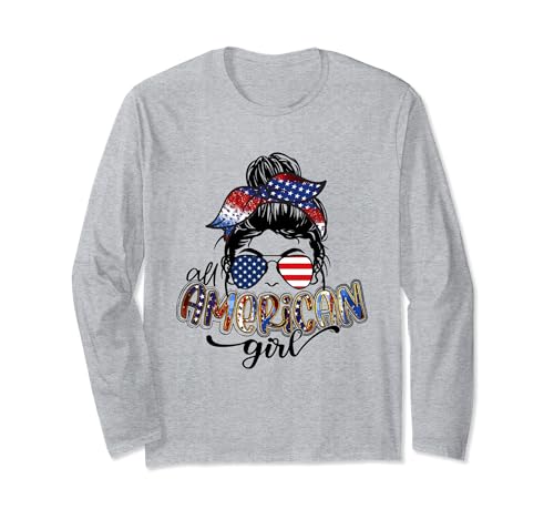 All American Girls Messy Bun Leopard, bandiera del 4 luglio, da donna Maglia a Manica