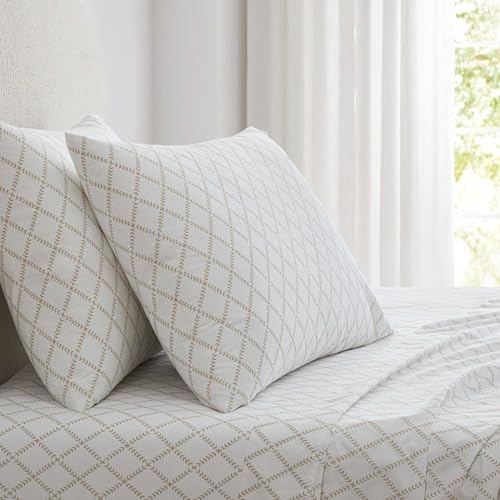 Image of Martha Stewart - Full Size Sheet Set, Crisp & Tailored Sheets with a Smooth Cotton Percale Feel - Striped Bed Sheets with Matching Pillowcases & Fitted Sheet (Leaf Trellis Beige)