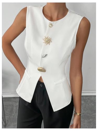 GORGLITTER Women's Metal Pearl Blazer Vest Dressy Sleeveless Fashion Vests Top Business Casual Work Tops2