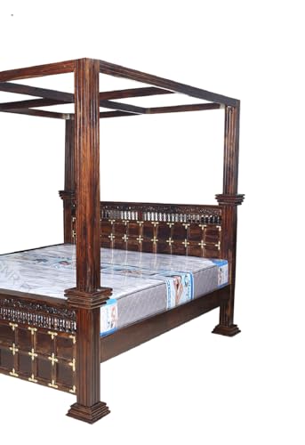 Image of Sheesham Wood Queen Size Pillar Poster Bed ‎Without Storage for Bedroom Living Room Solid Roosewood Wooden Cot Furniture Palang for Home (Walnut Finish)