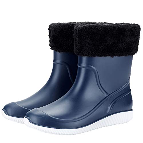 Image of ANUFER Men's Mid-Calf Snow Rain Boots Outdoor Waterproof Gardening Farm Boots with Removable Fluff Lining