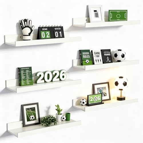 upsimples Floating Shelves for Wall Wall Shelves for Decor Storage Set of 6 Wall Mounted Wood Shelf for Bedroom Living Room Bathroom Kitchen Picture Ledge Shelf White