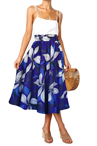 Sinono Women Elastic High Waist A Line Floral Print Swing Chiffon Beach Midi Long Skirt with Pockets(Medium, Royal Blue)