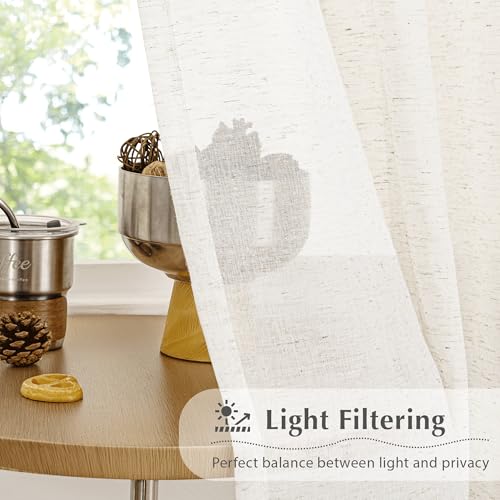 Image of FMFUNCTEX Linen Sheer Pinch Pleated Curtains for Living Room, Linen Flax Beige 96 Inches Long Sheer Curtain Panels for Bedroom, Natural Back Tab Window Drapes for Farmhouse, Rod Pocket 2 Panels
