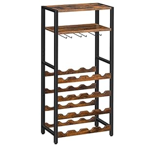 HOOBRO Freestanding Wine Rack, 16-Bottle Wine Storage Rack with Tabletop and Glass Holder, 6-Tier Bar Rack, for Kitchen, Bar, Dining Room, Rustic Brown BF04JJ01