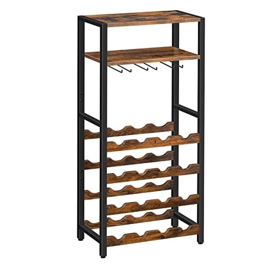 HOOBRO Freestanding Wine Rack, 16-Bottle Wine Storage Rack with Tabletop and Glass Holder, 6-Tier Bar Rack, for Kitchen, Bar, Dining Room, Rustic Brown BF04JJ01