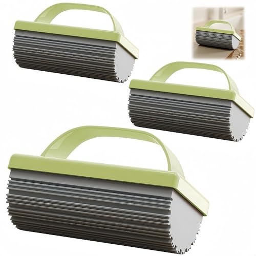 Image of Reusable Damp Duster Sponge 3-Pack, Deep Groove Cleaning Sponge with Handle | Strong Adhesion & Super Absorption for Baseboards, Blinds, Vents, Window Tracks (Green)
