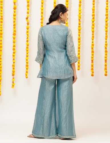 Image of Vbuyz Women Floral Embroidery Stylish A-Line Fandy Silk Kurta With Palazzo