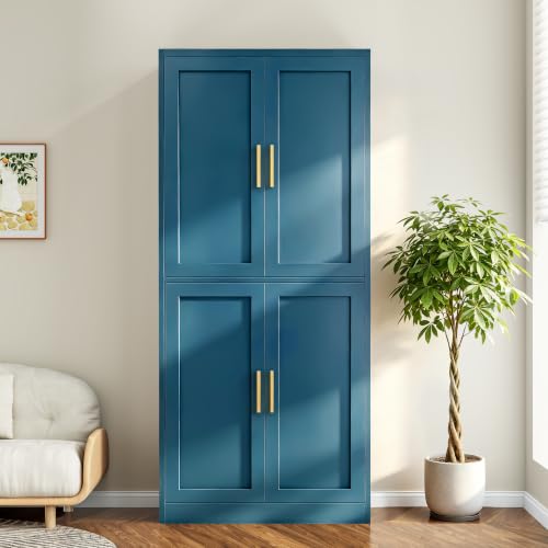Image of Wanfu 71 inch Tall Pantry Cabinet, Metal Kitchen Pantry Cabinet with 4 Doors and 4 Adjustable Shelves, Kitchen Pantry Storage Cabinets, Metal Storage Cabinet for Kitchen, Dining Room, Living Room-Blue