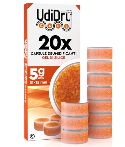 20 Capsule Essiccanti per Apparecchi Acustici UdiDry Caps 5g 31mm con Indicatore di Colore - Capsule Deumidificanti con Gel di Silice di Alta Qualità per Contenitori di Asciugatura
