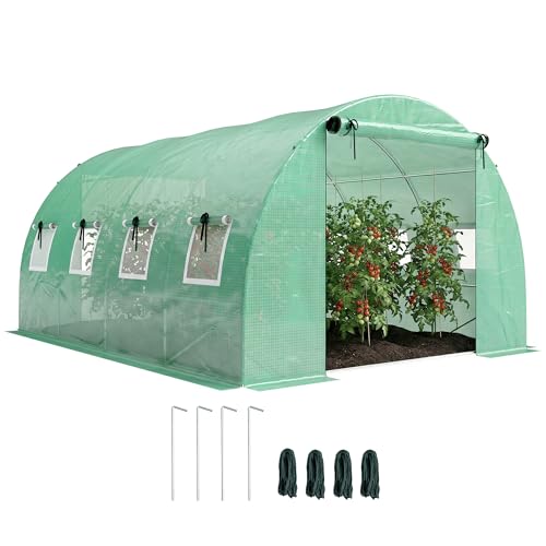 Outsunny Serre Tunnel de Jardin 12m², Serre de Jardin Tunnel 295x400x200cm avec Cadre en Acier galvanisé, 2 Portes et 8 fenêtres avec moustiquaires pour extérieur bâche PE Haute densité 140 g/m² Vert