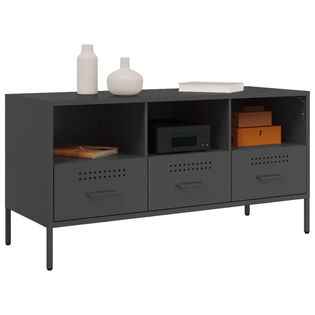 Genérico Mueble TV Negro 100,5x39x50,5 cm Acero | Estilo industrial, 4 patas ajustables, almacenamiento para revistas y DVD, montaje en pared incluido