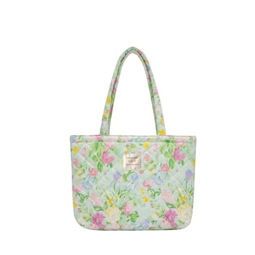 Image of Floral Quilted Cotton Shoulder Bag for Women Daily Use Medium Size Handbag Large Capacity Thickened Design Tote
