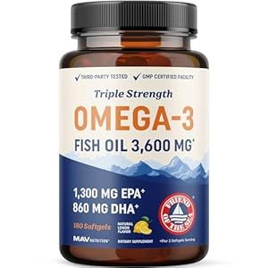 Triple Strength Omega 3 Fish Oil 3600 mg | EPA & DHA | Over 2100mg Omega-3 Fatty Acids | 1300mg EPA + 860mg DHA | Best Essential Fatty Acids | Premium Wild Caught & Burpless Fish Oil | 180 Ct