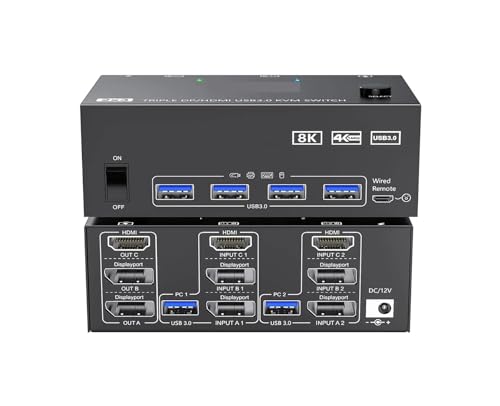 Conmutador KVM 3 Monitores y 2 Ordenadores 8K USB 3.0 para Control de Triple Pantalla