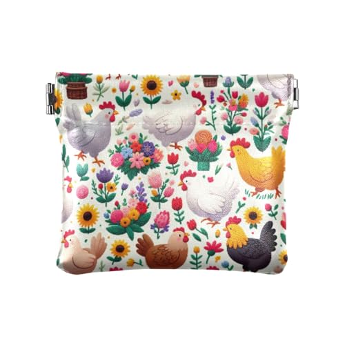 Chickens with Flowers Coin Purse Leather Pouch Change Purse, Squeeze Coin Pouch for Cards, Keys & Lipsticks, Unisex