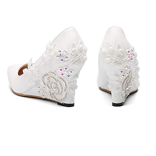 Minishion Womens Dress Wedge Shoes for Wedding Bridal Pumps with Lace Flower4