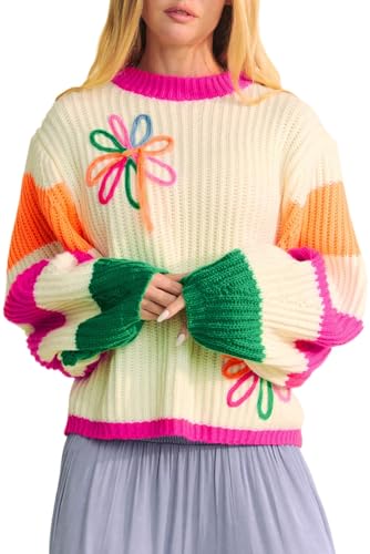 Women's Beige Colorblock Flower Print Cable Knit Loose Sweater